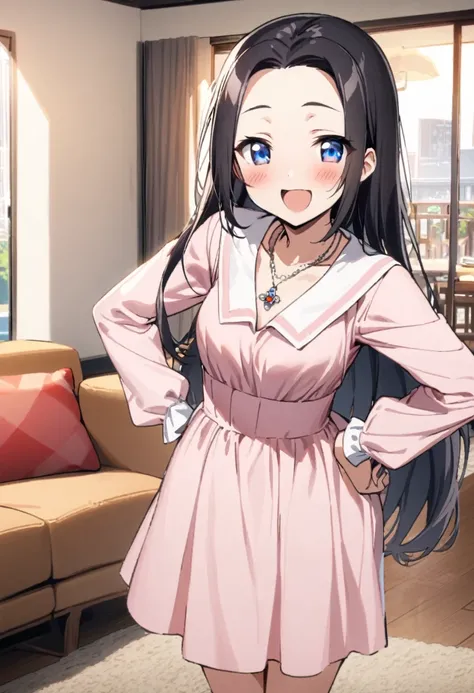 score 9, score 8 up, score 7 up, kaguya, happy, blush, shiny skin, blush, 1girl, solo,  long hair, black hair, standing, living room, pink dress, collarbone, long sleeves, outdoors, necklace, jewery, hand on hip, v, 