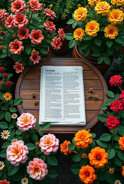 garden full of flowers with a magazine that is CLOSED on a table in the ceiling (from above) and that there is a little space at the top of the image to be able to write a title without covering the flowers