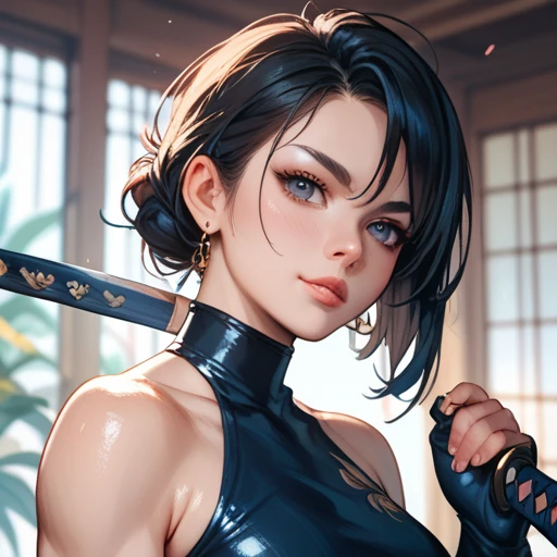 Anime,bare shoulders, A anime style athletic woman in a form fitting suit posed mid draw with a katana