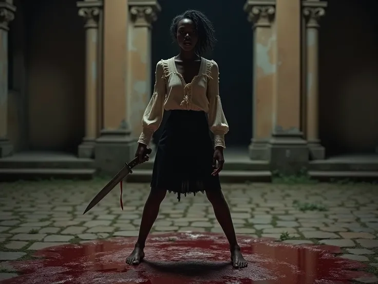  Night photograph of a very beautiful black girl , In the 19th century. She is standing ,  facing the camera,  standing in the middle of an old mansion courtyard ,  who has a blood-stained stone floor . The very angry black lady . She is standing ,  with h...