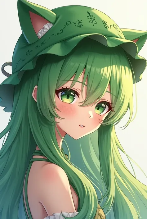 Anime Green Hair Woman Wearing Green Cat Hat With Two Hair Bundles