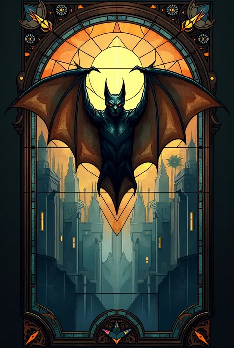  Stained glass of a bat with a vaccine hurting it, only in figures of triangles 
