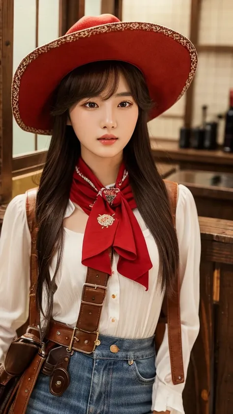 close-up of beautiful Korean female, wearing cowboy outfit, red bandana, brown cowboy hat, with handgun, in saloon