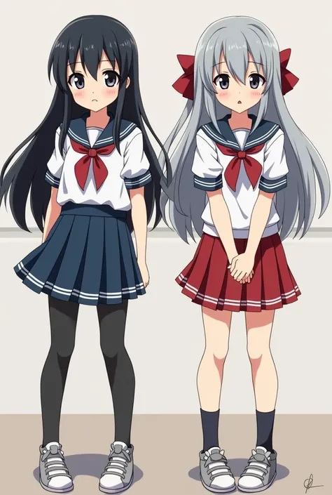  In the anime Elementary School Twin Sisters  ,, 1 beautiful girl has black hair and is wearing a boys school uniform, the boys school uniform pants are wearing hachimaki wrapped around her head, and the other has long gray hair and is wearing cheerleader ...