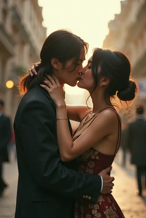 Woman Chinese bun hair show cleavage (huge breast) grabing a man long hair wearing school uniform, kissing, background a Paris city, soft ligth, hyperrealism, hyperrealistic, hyperdetail, grainy colour, polaroid, leica, candid Kodak camera90 snapshot.