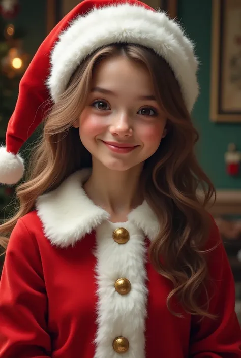 Anna Oginova dressed as Santa Claus with brown hair