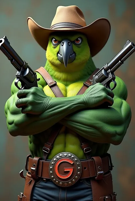 Create an image of a parrot wearing a cowboy hat smoking a cigar with ammunition on two x-shaped belts on the chest and both arms crossed holding two magnum 44 revolvers, one in each hand, make it more muscular and green, do it with a bad face and put a ve...