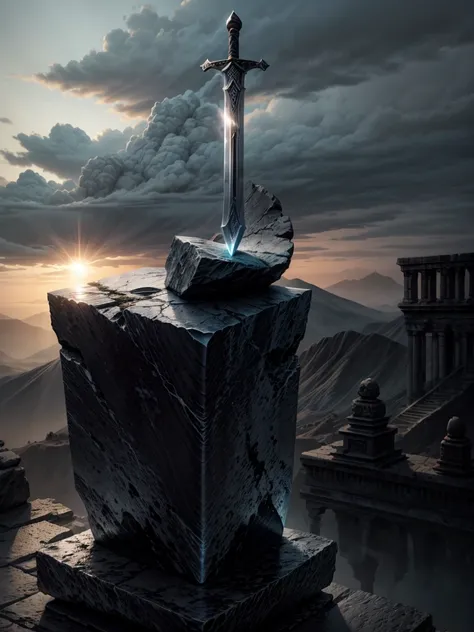 Sword on top of a completely black stone with ruins in the background