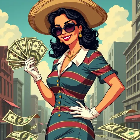 A realist ukiyo-e style illustration of an Latina woman with a blue and red striped dress and a white collar. She is wearing an Latina hat and has dark hair. She is holding a bunch of dollar bills. The background is a city with buildings. The woman is stan...