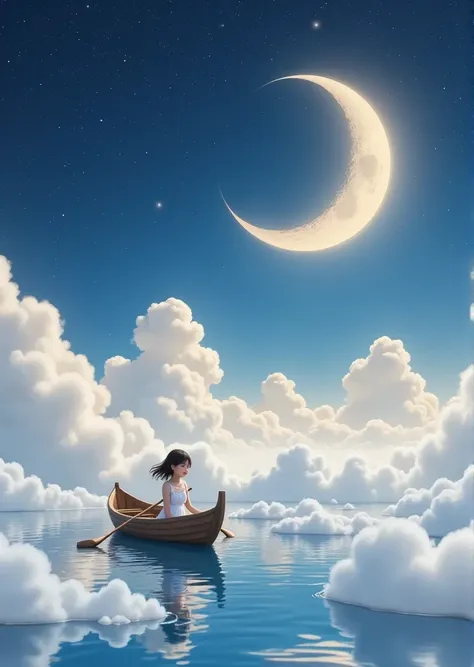  A cute girl riding a small boat on a sea of clouds、 The girl is paddling an oar 、 A huge crescent moon in the background 、Starry night sky 