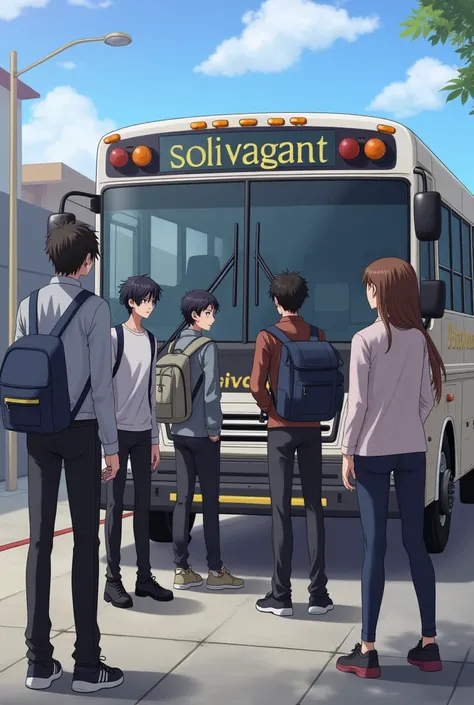 Group Of students standing near a bus whose name is  SOLIVAGANT