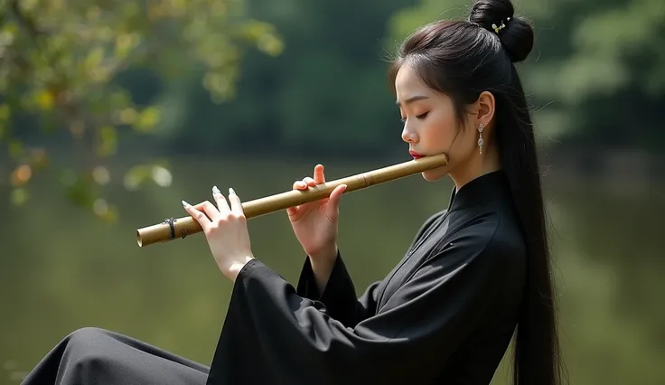 (cinematic), (dramatic), (artwork), (masterpiece), (best quality), Raw, 8K, masterpiece, extremely sharp focus, intricate details, a stunning Vietnamese female, makeup, pale skin, perfect body, long curvy hair, Hanfu, black silk, wide neck, sheer clothes, ...