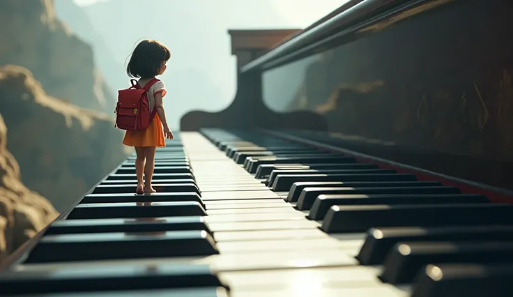 A girl walking with a backpack on the piano keyboard