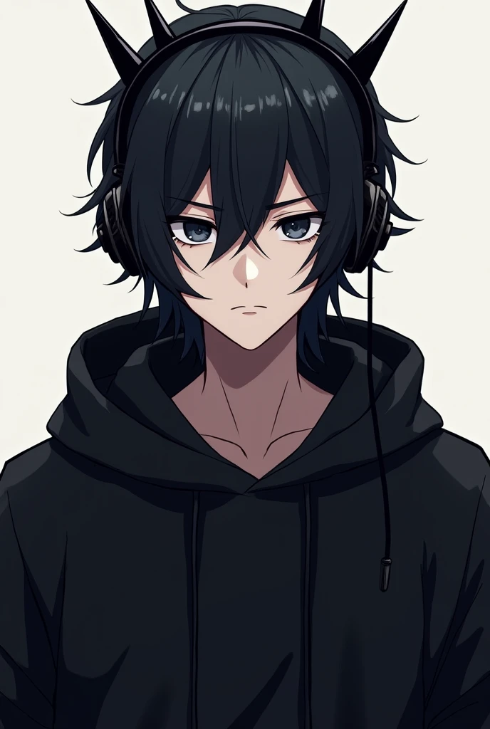 An anime man wearing a black hoodie with hair covering his eyes and wearing black crown accessories and spiked headphones
