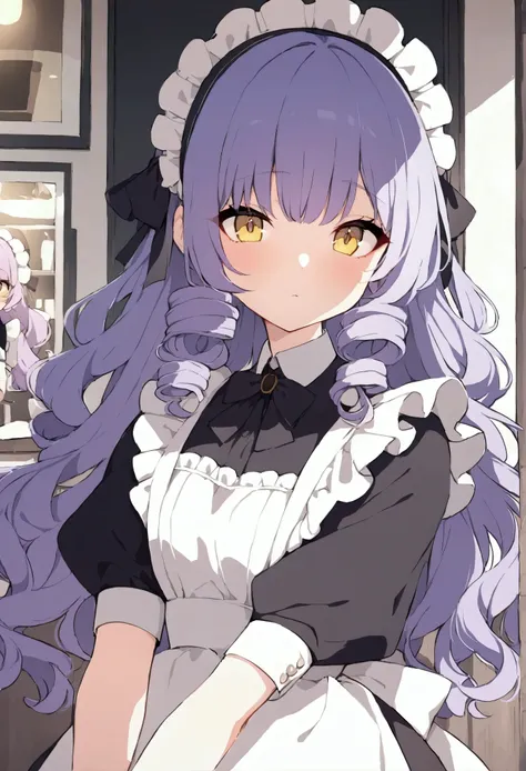 (Masterpiece), (female), (1female), (light lineart), (perfect shading art), light skin, purple hair, long hair, hair curly slightly, yellow eyes, maid outfit, innocent face, cafe background. 