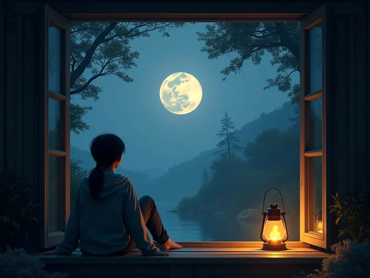 You sit by the window as the full moon rises, casting silver light on the leaves swaying in the cool breeze. A lantern flickers outside, but who left it there, and why does it never go out?"