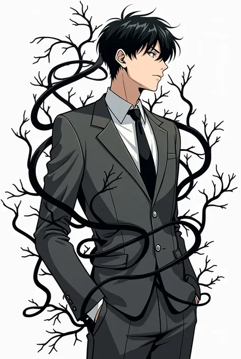 background:하얀background에 검은 덩굴들 
캐릭터: A man in his 20s wearing a gray suit
posing: male wrapped in vines,Show your face
Feeling :2D anime, white and black make a big difference ,Refreshing feeling
(Superpower)

