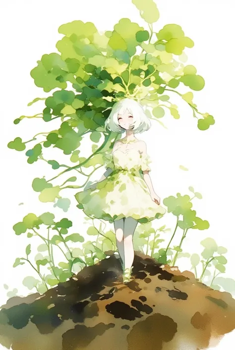 A white-skinned cute daikon lady emerging from the soil. wearing dress made of daikon skin, green leaves hair. pleasure, fantasy art, watercolor painting