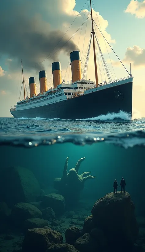 Depict a world where the Titanic never sank, with people unaware of the dangers lurking beneath the surface. The image should show a peaceful, prosperous world, but with subtle hints of overconfidence in human progress, like a society blind to potential ri...