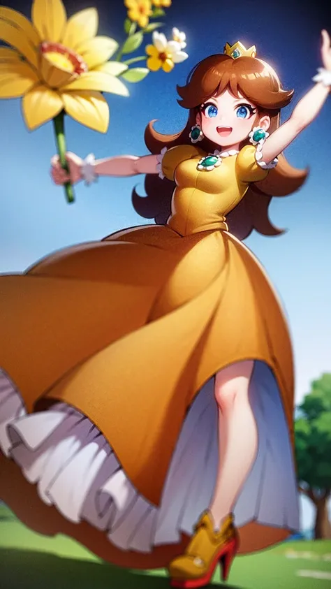 Princess daisy super mario, brown hair, blue eyes, short products hair, gold princess crown, flower earrings, yellow long dress, puffy short sleeves, flower brooch, open mouth, smile, flowers, outdoors, sky, cloudy sky, anime waifu style