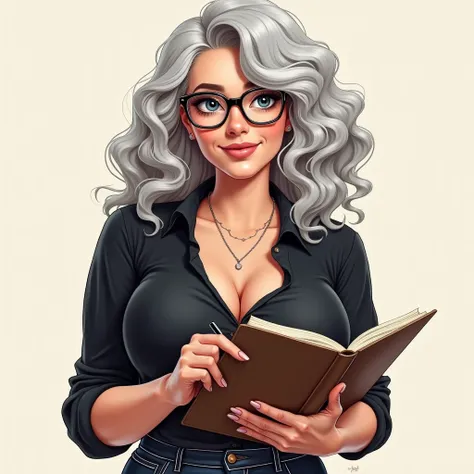  Realistic Illustration , vibrant, busty woman with black top,big hips, 22yo, silver hair, curvy hair,  degree glasses , nerd, holding notebook in front of her