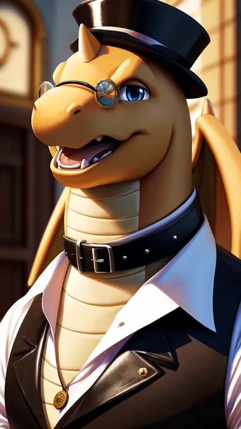 Solo, Male, fat, extremely obese, gentleman, dapper Professor Dragonite, blue eyes, (posing:1.3), (soft shading), 4k, hi res, ((detailed face, detailed)), looking at viewer, mouth wide open, steampunk, dapper clothing, collared shirt with buttons, top hat,...