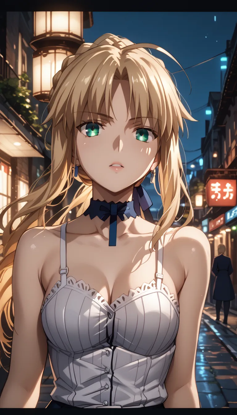 artoria pendragon with long, blonde hair and striking green eyes smiles warmly at the viewer. she wears a kuoh academy uniform. ...