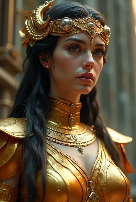 The goddess of wisdom and intelligence, head to breast, Greek military gears, highly technologically advanced and cybernetically enhanced. High Resolution, Masterpiece, Award Winning, Best Quality, High Details, High Quality, UHD, Optical Illusion, Impress...