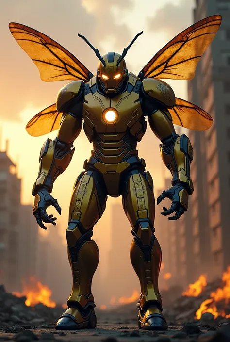 Design a hybrid creature that seamlessly combines the features of a "madhumakkhi" (honeybee) and Iron Man. The hybrid should have Iron Man’s armor modified to include honeybee-like textures and patterns, such as black and yellow stripes, with insectoid win...