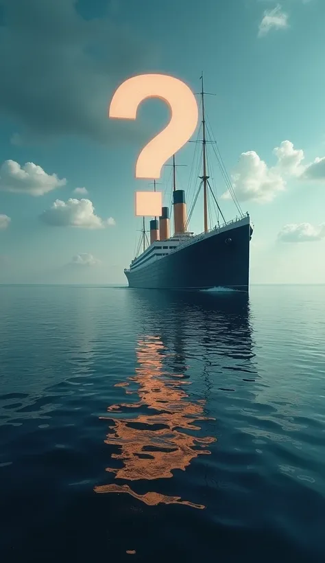 Create an engaging, thought-provoking image of a question mark hovering over a calm ocean, with the Titanic in the distance. The question should appear as part of the scene, inviting the viewer to reflect on the idea of alternate history and what if scenar...