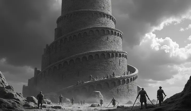  A detailed view of the Tower of Babel in ancient style ,  inspired by Renaissance depictions .  The tiered spiral tower rises in a monumental way ,  with dark stones and a texture that simulates an engraving .  Small figures around the tower are active , ...