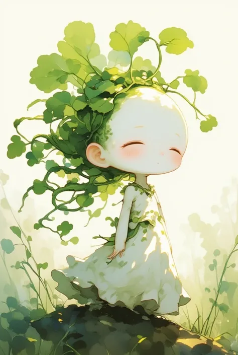 A white-skinned cute daikon lady emerging from the soil. wearing dress made of daikon skin, green leaves hair. loneliness, fantasy art, watercolor painting