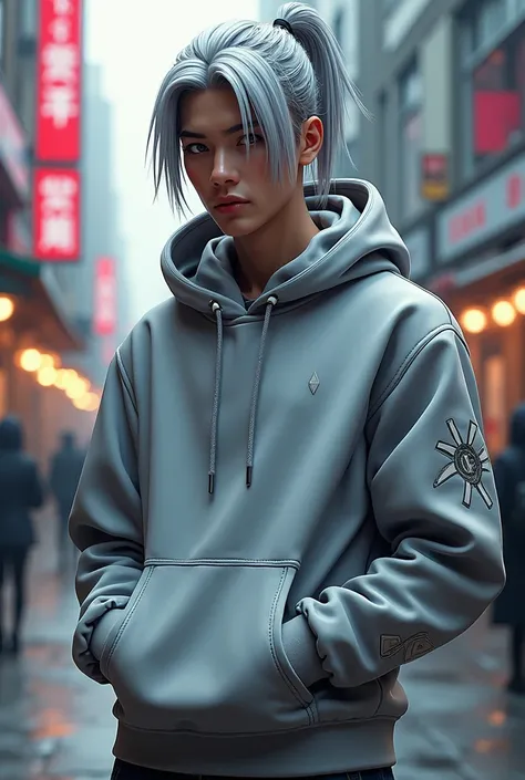 Male character wearing a silver ponytail hoodie