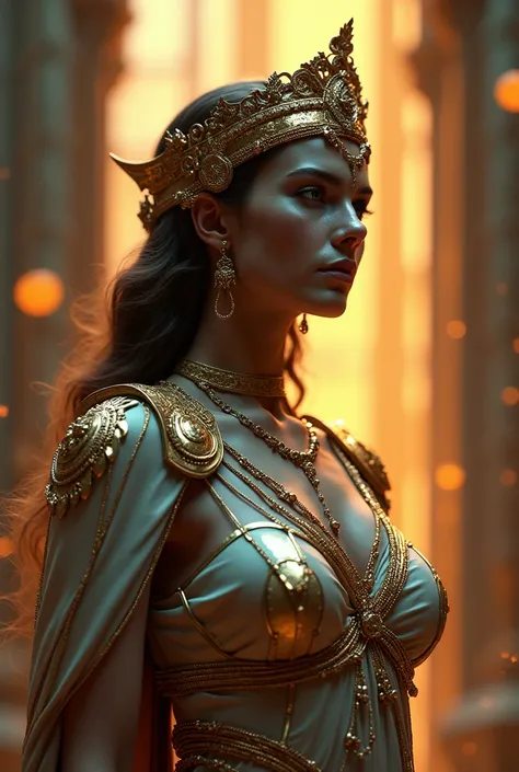 The goddess of wisdom and intelligence, head to breast, Greek military gears, highly technologically advanced and cybernetically enhanced. High Resolution, Masterpiece, Award Winning, Best Quality, High Details, High Quality, UHD, Optical Illusion, Impress...