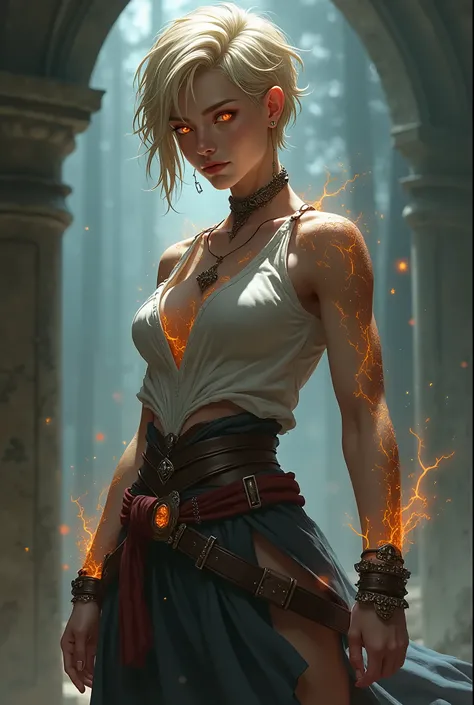 Semi-realistic image. A woman in her early 20s, with a striking and intimidating figure, her muscles are well-defined, the result of the fusion of magic with her body. Her skin appears faintly luminous in the light, as if tiny veins of magical energy are p...