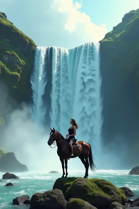 Realistic image of a woman riding a horse on top of a huge waterfall with crystal clear water cinematic setting 