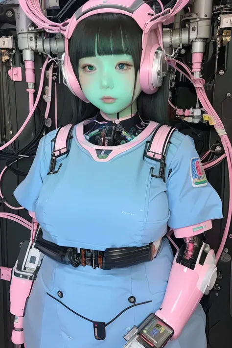 masterpiece, best quality, extremely detailed,portrait,front view,japaese android girl,plump,pastel color uniform, control panel...