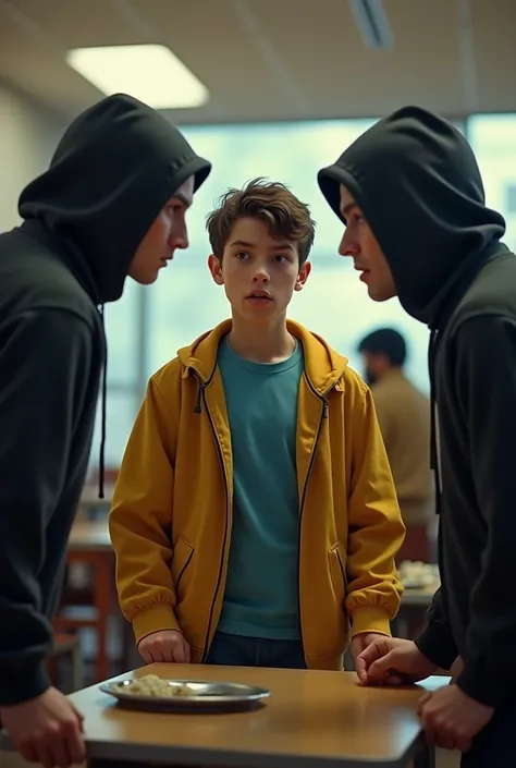 a young white man wearing a yellow jacket and blue t-shirt looks at two white-skinned thieves in fear in the cafeteria (realistic)