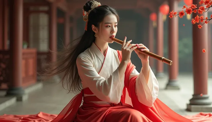 (artwork), (masterpiece), (best quality), Raw, 8K, masterpiece, extremely sharp focus, intricate details, a stunning Vietnamese female, makeup, pale skin, perfect body, long curvy hair, Hanfu, white silk, wide neck, red cloak, She is sitting playing the fl...