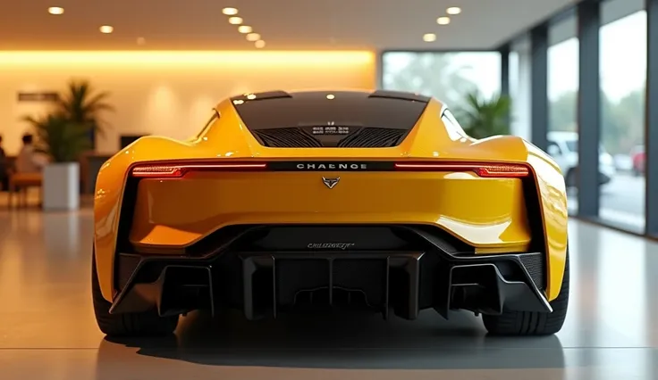 Generate an image of a sleek, Yellow back aerodynamic view of electric sports car. The rear view should showcase:
>  * A low, aerodynamic profile
>  * Slim, horizontal LED taillights extending across the rear
>  * A prominent diffuser below the rear bumper...