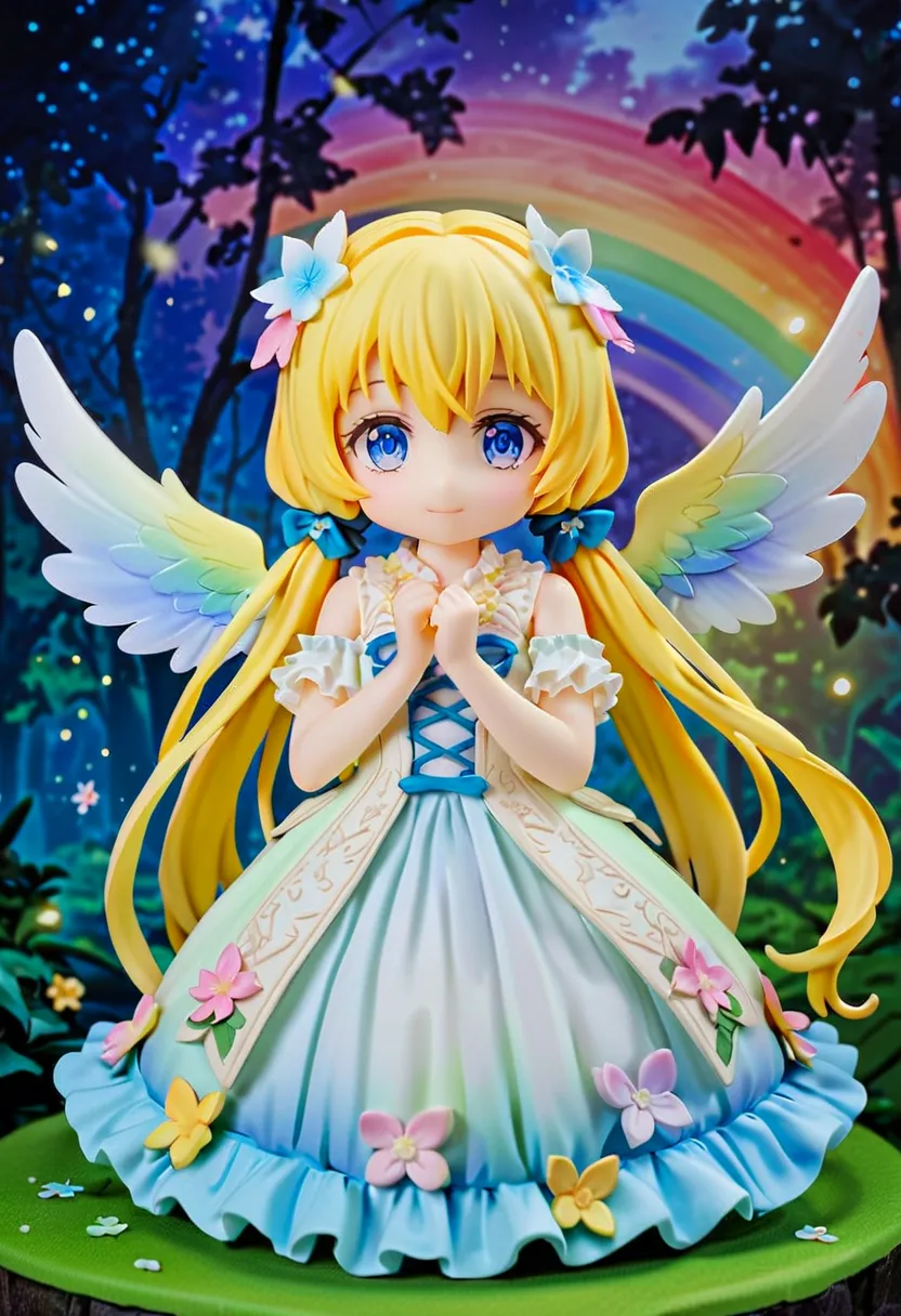 in the magical forest, mysterious fairy girl appears, light blue long hair、  twin tails、adorable smile、the moonlight shines brig...