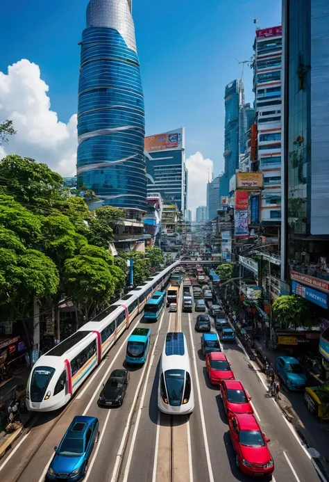 Here’s the prompt used for the image:  

"A futuristic depiction of Bangkok at the Ratchaprasong intersection in the year 2597 (2074 AD). The scene features towering skyscrapers with innovative and sustainable architecture, incorporating greenery and solar...