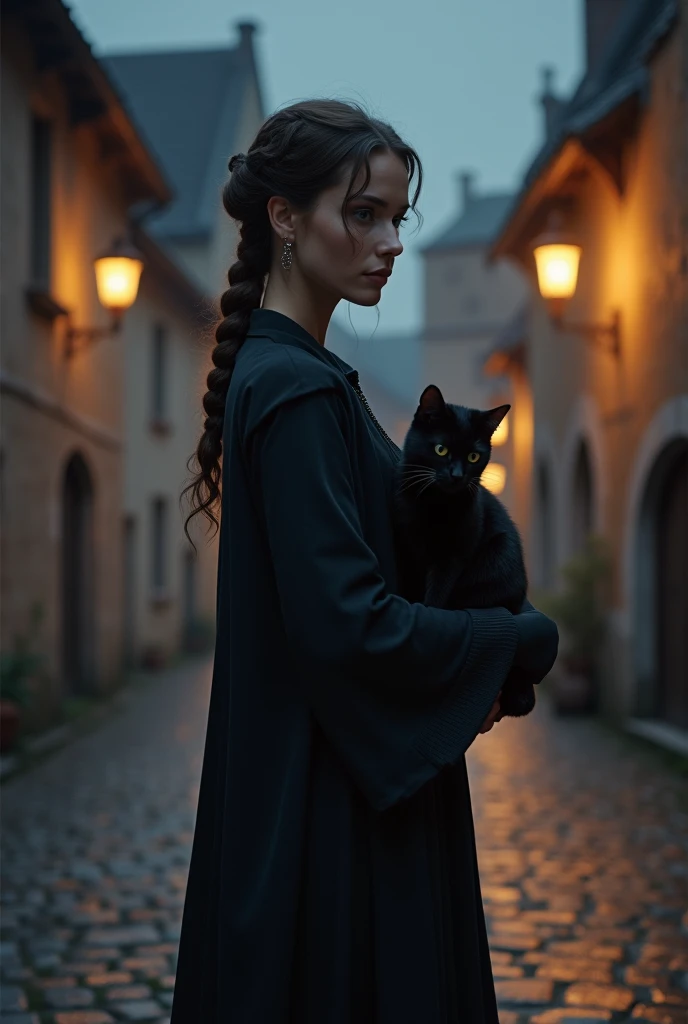 "A slender woman holding a sleek black cat, standing on a moonlit cobblestone street in a quiet historic town, soft yet dramatic lighting, hyperrealistic textures, sharp focus on the subject, intricate details on the cats fur and her clothing, glowing stre...