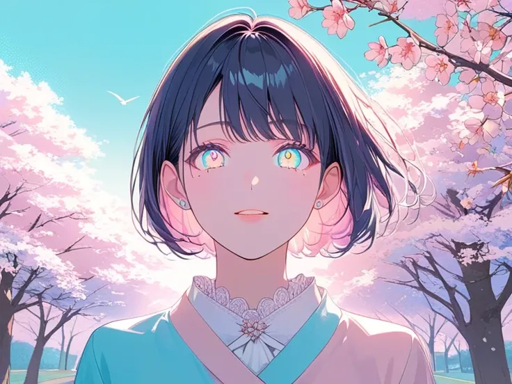 ((Halftone, front lighting, vibrant colors)), pastel colors,
((Highly detailed beautiful woman, detailed facial expression, detailed eyes, full body)), short hair,
(pale shades, pastel colors),
background is spring landscape, cherry blossoms, cherry blosso...