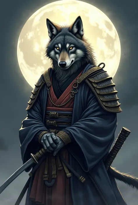 Image dessinée dun loup habillé en samouraï tenant dans sa patte un katana. Ce loup a un mempo sur sa gueule. Le regard du loup est froid, prêt à détruire le monde. En arrière plan nous apercevons la lune 