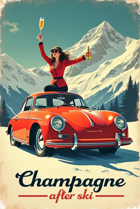 Crée moi une étiquette vintage sur le thème du ski, en premier plan une Porsche targa sur le toit une fille en ski avec une coupe de champagne dans la main, en arrière plan une bouteille de champagne qui coule sur les montagnes pour aller dans la coupe de ...