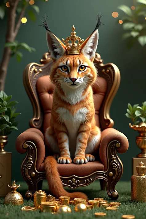 Make the Lynx animal with a crown sitting on a ,  in a chic and grassy location ,  with several valuable items , And lots of gold ,  throne with a flashy and realistic gold text on top called LossLynx