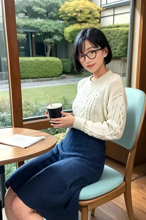 (High Definition), One Female, Japan Person, Cute, Black Hair Short, wearing Cable Knit & Paneling Long Skirt peal Blue Glay for Female, Small Oval Eye Glasses Frame, Sitting on a chair, Lean on some cushions by window at Coffee room, Cup of coffee & some ...