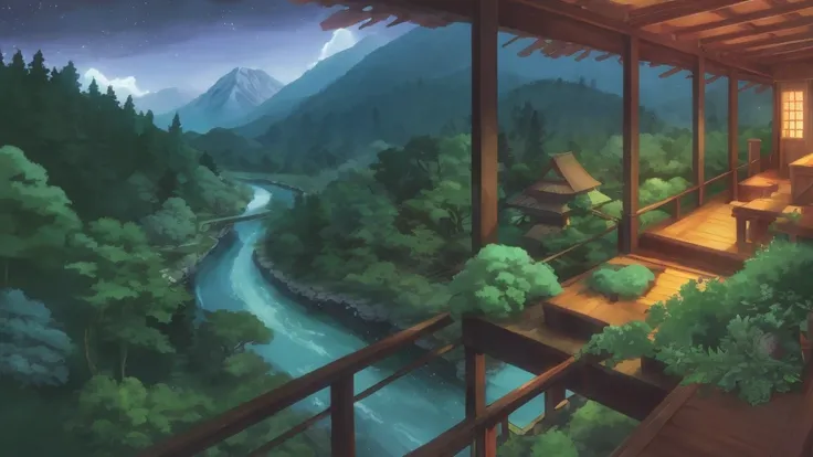 forest,river,mountain ,studio ghibli style ,cozy