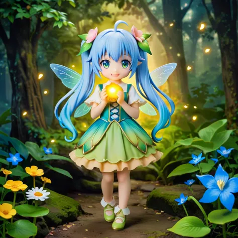 In the magical forest, Mysterious fairy girl appears, Light blue long hair、  twin tails、Adorable smile、The moonlight shines brightly. Her skirt, Woven with petals and stardust, rainbow, Flowers and trees々々 Flapping wings among glowing fireflies  ,  a wonde...